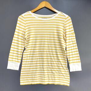Lucky Brand Knit Top Womens Small White Yellow Stripe Print Round Neck Casual